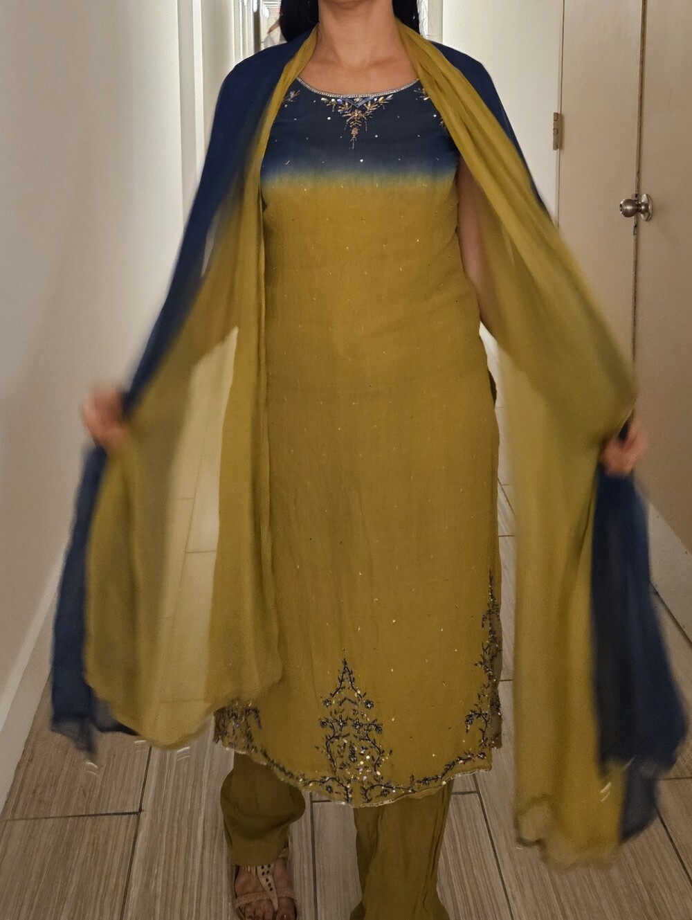 Emilia Women's Two-Tone Yellow & Navy Embellished Salwar Kameez
